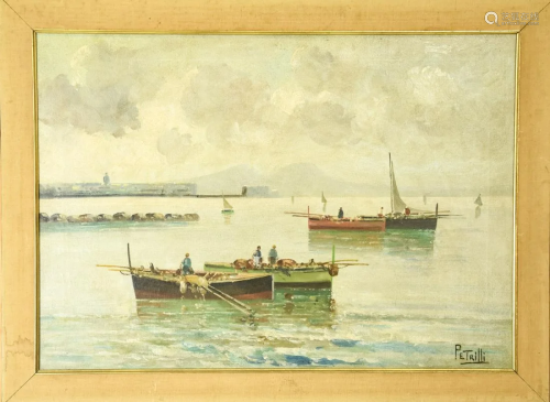 Enzo Petrilli Oil Painting Boats Salerno, Italy