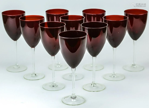 10 Cranberry Glass & Clear Stem Large Wine Glasses