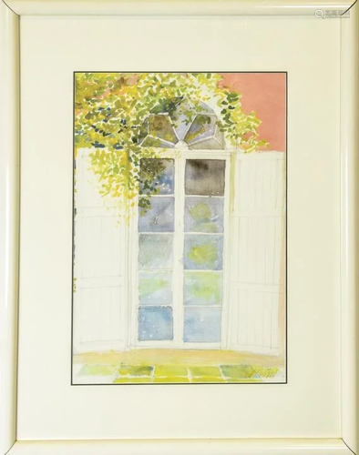 Framed Watercolor of French Door & Wisteria 1982