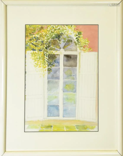 Framed Watercolor of French Door & Wisteria 1982