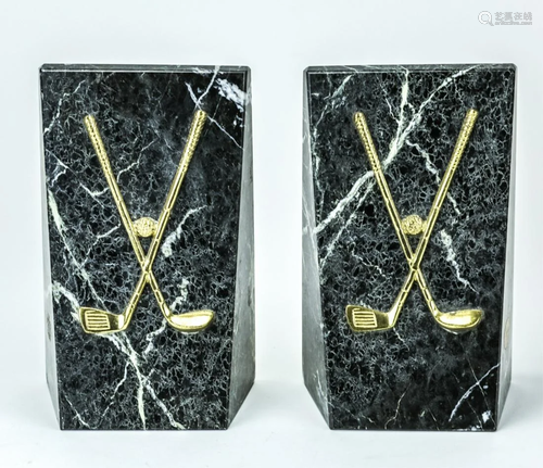 Pair Vintage Marble & Brass Golf Motif Bookends