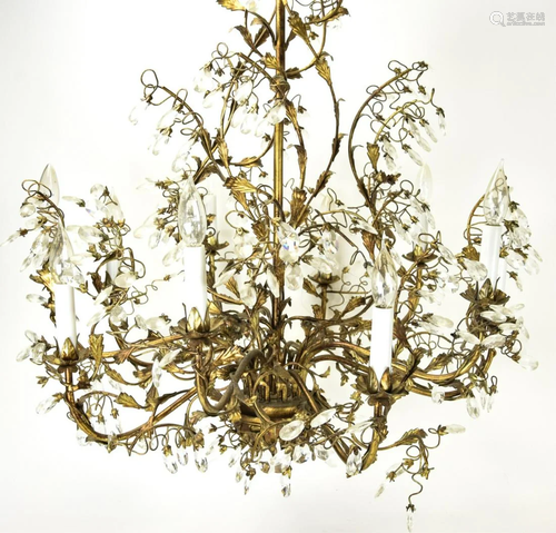 Vintage Gilded Tole Crystal Palace Size Chandelier