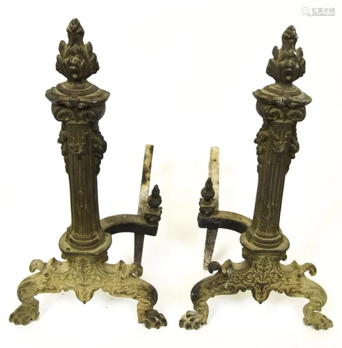 Pair Antique Neo Classical Column Form Andirons