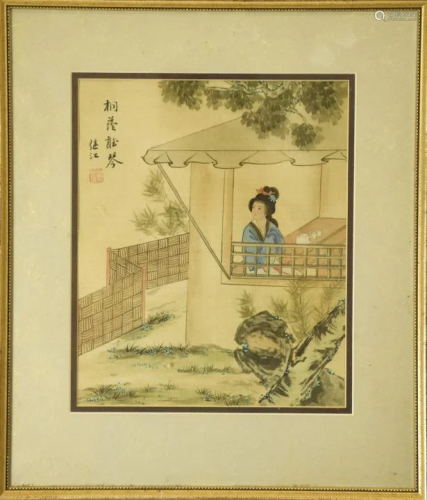 Chinese Framed Watercolor of Woman in Win…
