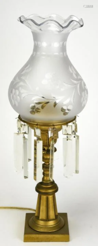 Antique Gilded Brass Column Form Lamp Pendaloques
