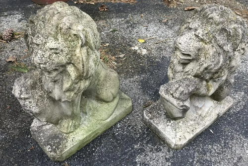 Pair Antique Cast Stone Neoclassical Lion Statue