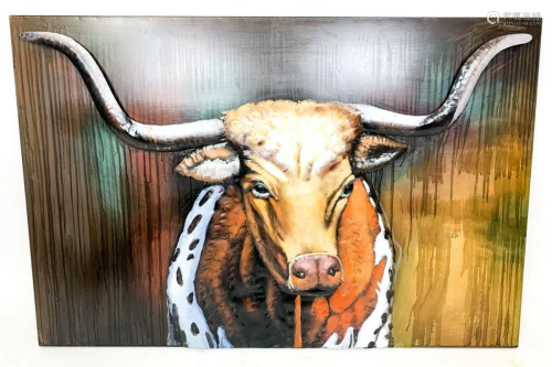 3-D Mixed Metal & Painted Longhorn Bull Wall Art