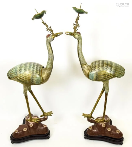 Pair Large Chinese Brass & Enamel Crane Statues