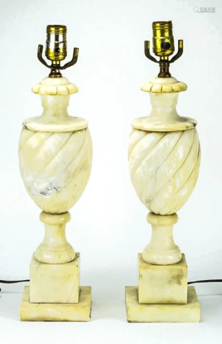 Pair Antique Urn Form Carved Alabaster Lamps