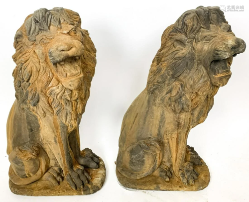 Pair Cast Concrete Figural Lion Statues