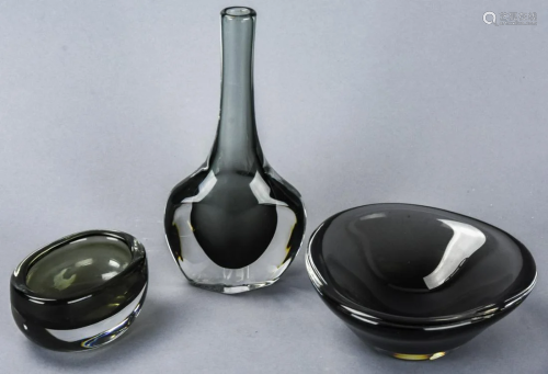 Orrefors Black Art Glass Vase and 2 Bowls