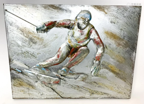 3-D Mixed Metal & Painted Skier Motif Wall Art