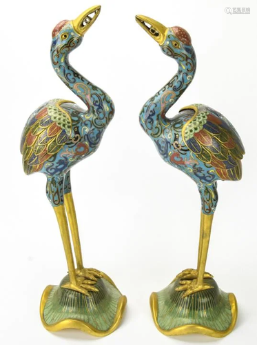 Pair Chinese Cloisonne Figural Crane Statues