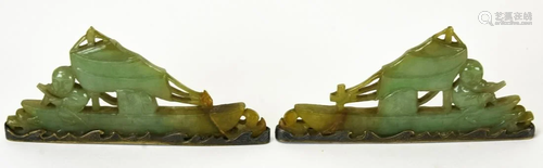 Pair Chinese Jade & Silver Figural Boats Carvings