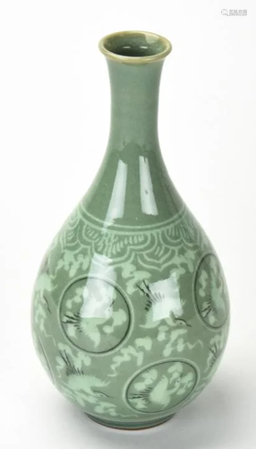 Chinese Celadon Crane Motif Vase Signed