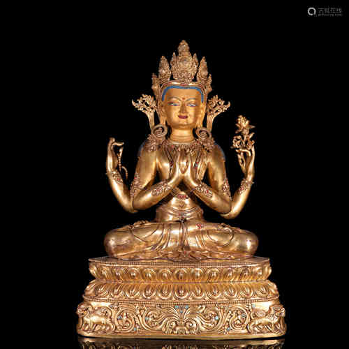 A Chinese Gilt Bronze Buddha Statue of Four-Armed Guanyin