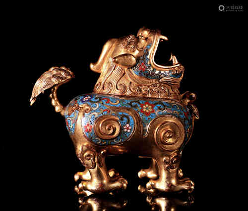 A Chinese Cloisonne Bronze Lion-shaped Incense Burner