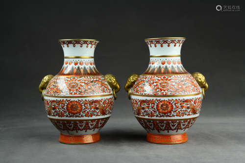 A Pair of Chinese Copper Red Gilt Porcelain Jars