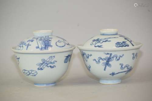 Pr. of 19-20th C. Chinese B&W Covered Porcelain Bowl