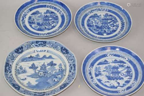 Four Qing Chinese Export B&W Porcelain Plates