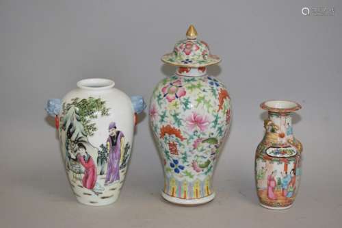 Three 19-20th C. Chinese Famille Rose Porcelain Vases