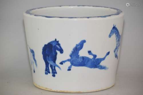 Qing Chinese B&W Eight Horses Porcelain Flower Pot