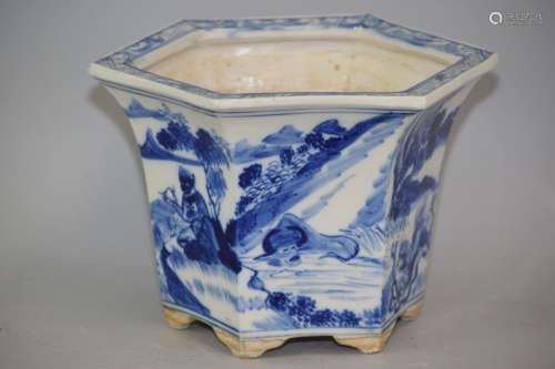 Qing Chinese Blue and White Hexagonal Flower Pots