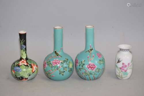 Four 19-20th C. Chinese Famille Rose Porcelain Vases