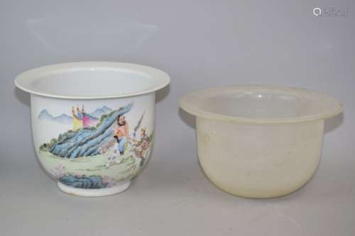 Qing Chinese Peking Glass and Famille Rose Flower Pots