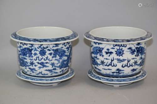 Pr. of 19-20th C. Chinese B&W Dragon Flower Pots