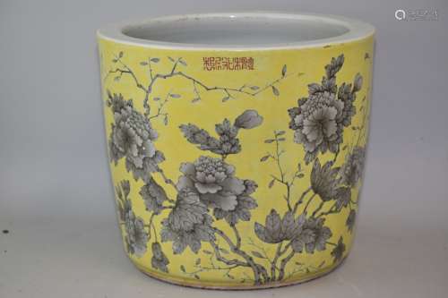 Late Qing Chinese Yellow Glaze Ink Flower Pot, TiHeDian Mark