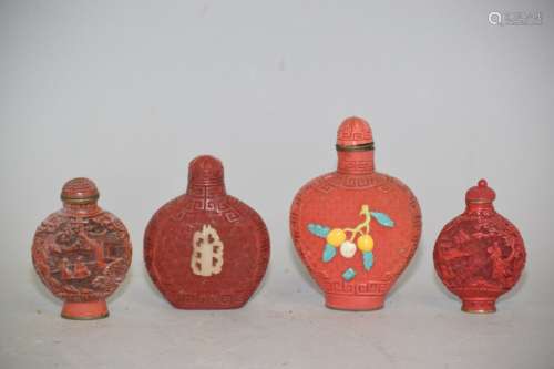 Four Chinese Cinnabar Carved Snuff Bottles