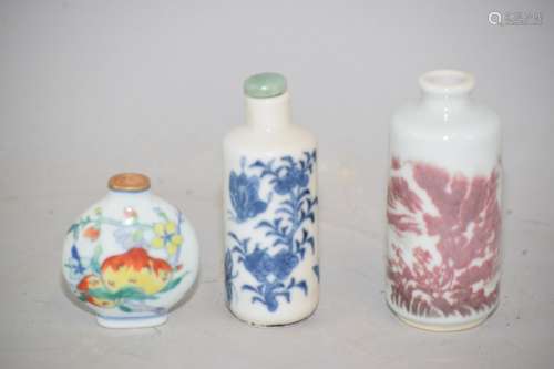 Three 19-20th C. Chinese Porcelain Snuff Bottles