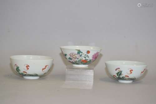 Three Chinese Famille Rose Porcelain Bowls, Yongzheng Mark