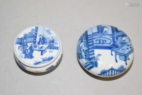 Two Qing Chinese B&W Porcelain Seal Ink Box