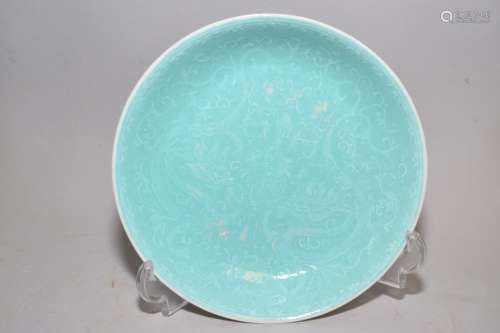 Qing Chinese Turquoise Glaze Relief Carved Plate
