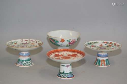 Four 19th C. Chinese Famille Rose High-Foot Plates
