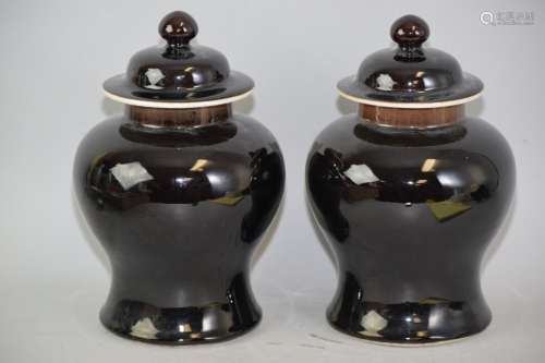 Pr. of Qing Chinese Mirror Black Glaze Porcelain Jars