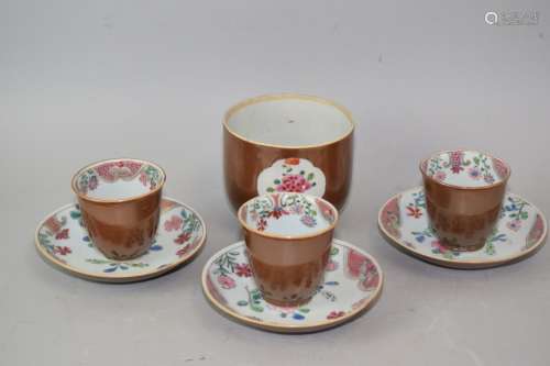 Set of Qing Chinese Brown Glaze Famille Rose Tea Ware