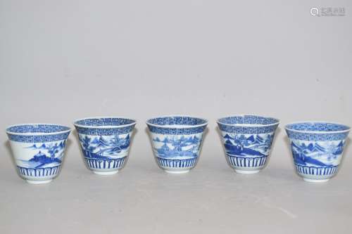 Five Qing Chinese B&W Landscape Cups