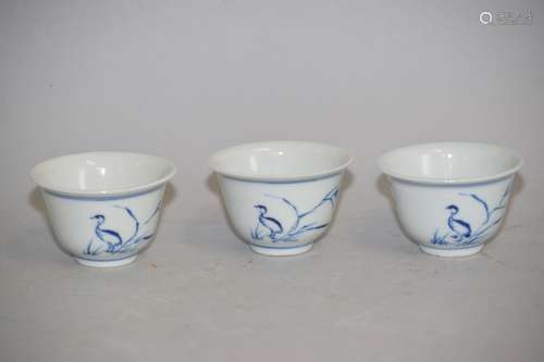 Three Early Qing Chinese B&W Bird Porcelain Cups