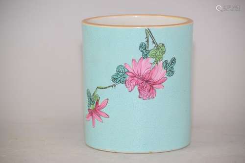 Qing Chinese Turquoise Glaze Famille Rose Brush Pot