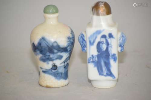 Two Qing Chinese Blue and White Snuff Bottles