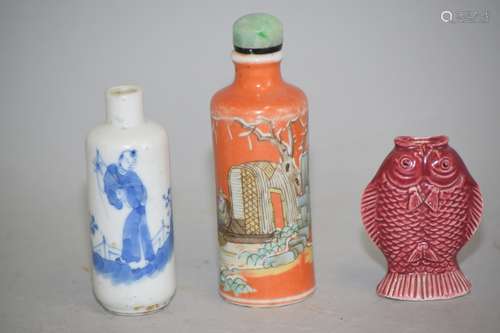 Three Qing Chinese Porcelain Snuff Bottles