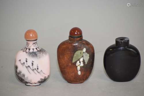 Chinese Jade Inlay Wood, Peking Glass, Enamel Snuff Bottles