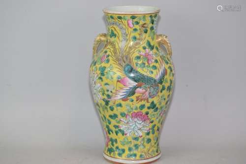 Late Qing Chinese Yellow Glaze Famille Rose Vase