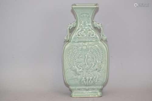 Qing Chinese Pea Glaze Relief Carved Porcelain Vase