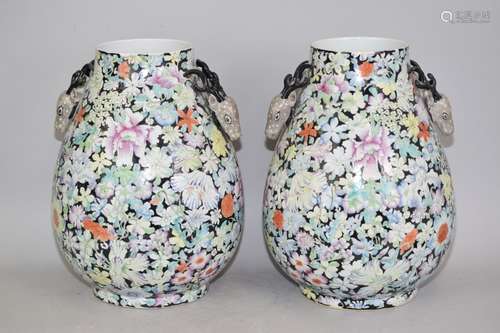 Pr. of Late Qing Chinese Famille Rose Hundred Flower Vases