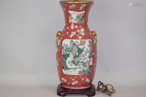 Late Qing Chinese Coral Red Glaze Famille Rose Vase Lamp