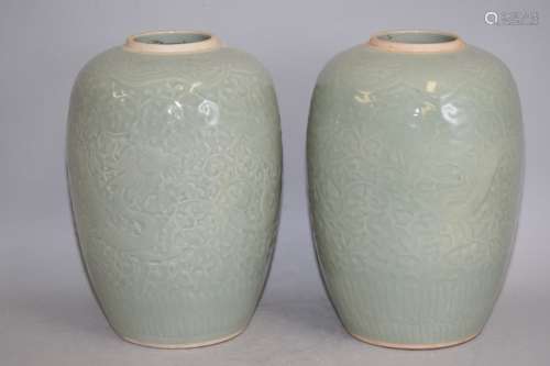 Pr. of 19-20th C. Chinese Pea Glaze Relief Carved Jars